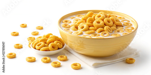 A Bowl of Cheerios Cereal Corn Rings Isolated on a White Background for Breakfast