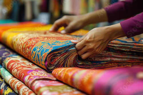 pile of colorful silk fabrics in industrial textile shop