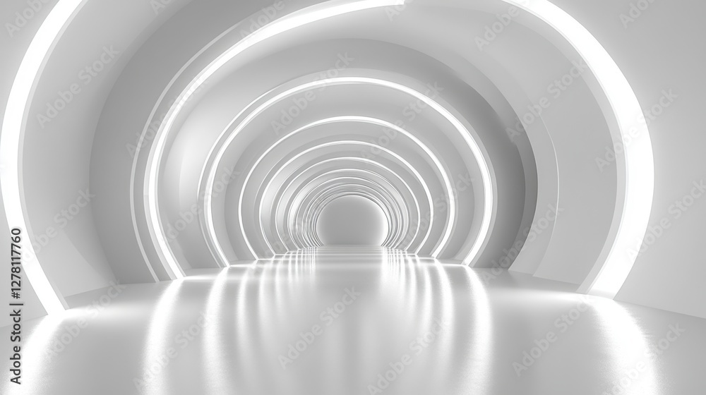Futuristic White Tunnel with Circular Arches and Reflective Floor Creating a Sense of Depth and Modernity in a Minimalist Style Futuristic White Tunnel with Circular Arches and Reflective Floor Creating a Sense of Depth and Modernity in a Minimalist Style