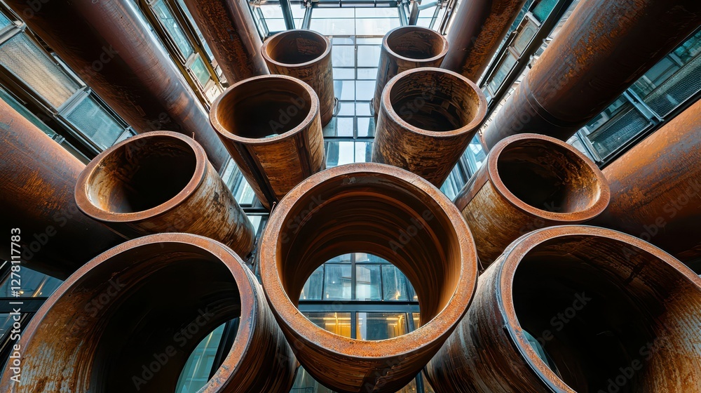 Abstract View of Large Rusty Pipes in Modern Architecture Design Abstract View of Large Rusty Pipes in Modern Architecture Design