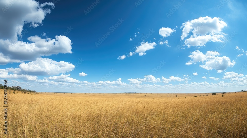 A panoramic shot of a vast, endless savannah stretching as far as the eye can see. A panoramic shot of a vast, endless savannah stretching as far as the eye can see.