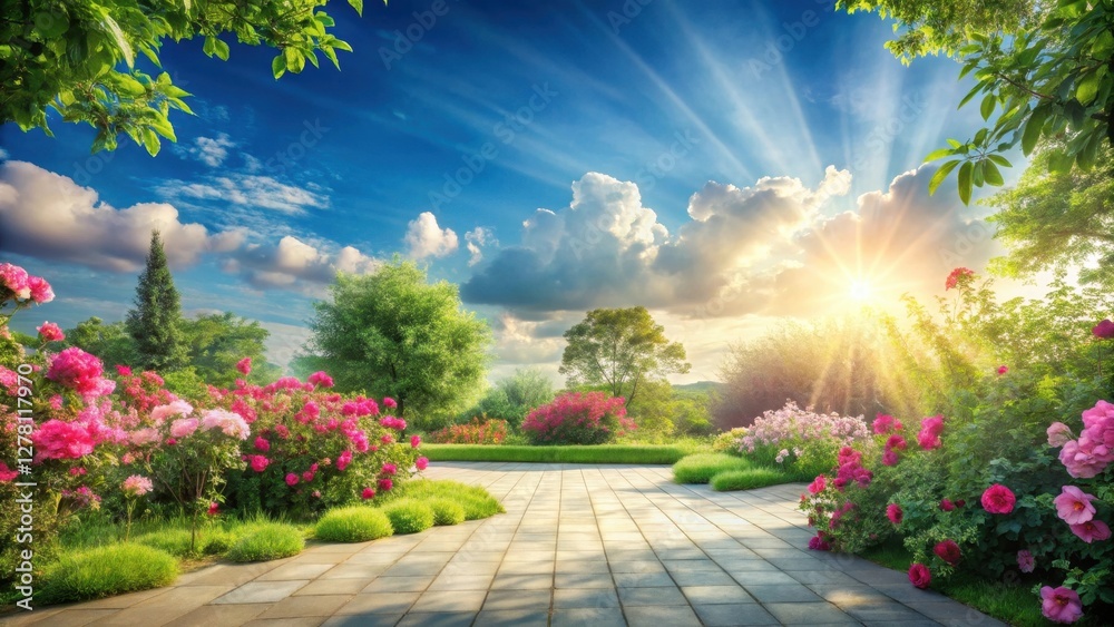 Serene Garden Path at Sunset with Vibrant Blooming Flowers and Lush Greenery Serene Garden Path at Sunset with Vibrant Blooming Flowers and Lush Greenery