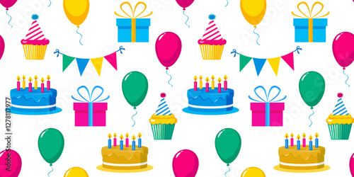 bright neon seamless vector pattern happy birthday girl or boy, cake balls gifts cupcakes in caps, yellow pink blue rich colors, white background, web design, textile, decor