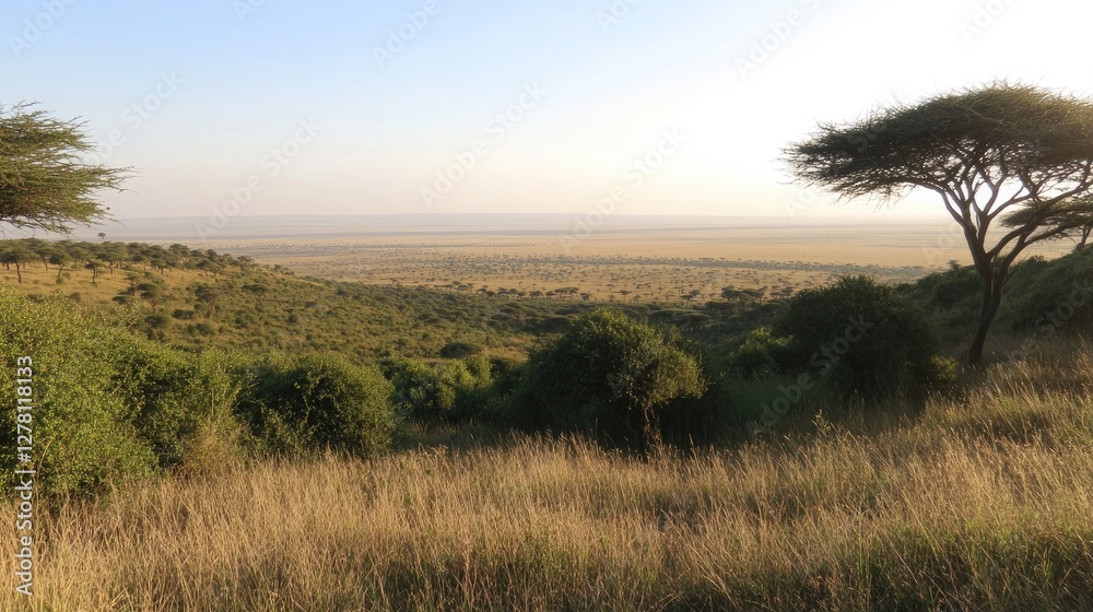 A panoramic view of the vast African savannah, dotted with small bushes and acacia trees. A panoramic view of the vast African savannah, dotted with small bushes and acacia trees.