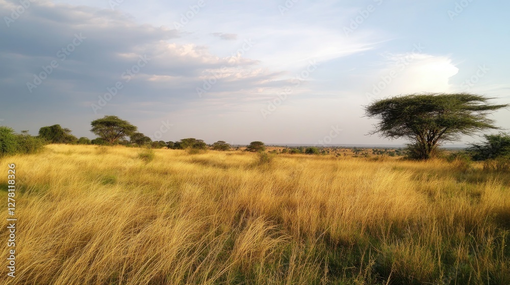A patch of green vegetation standing out against the dry, golden savannah grass. A patch of green vegetation standing out against the dry, golden savannah grass.