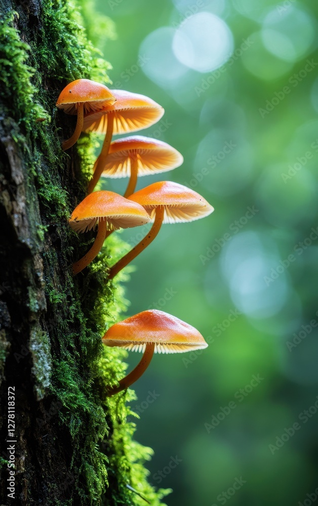 Fototapeta premium Photograph of small mushrooms thriving on a lush, mossy tree trunk in a serene woodland setting.