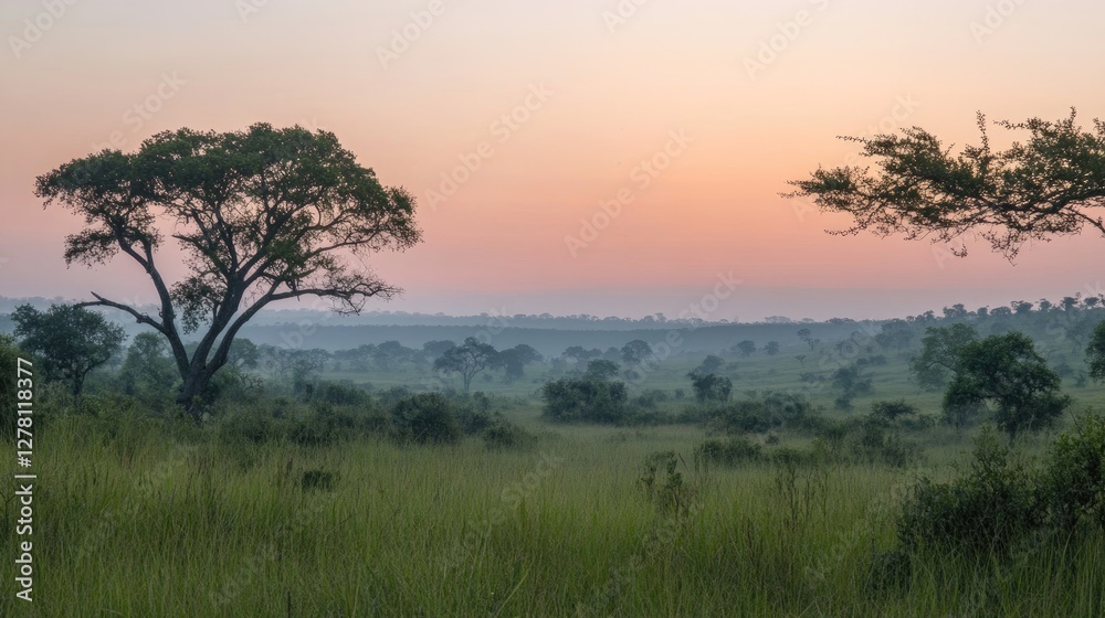 A peaceful savannah grassland at dusk, the sky painted in shades of pink and orange. A peaceful savannah grassland at dusk, the sky painted in shades of pink and orange.