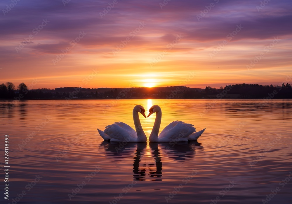 Fototapeta premium Two Swans Embrace at Sunrise on a Serene Lake