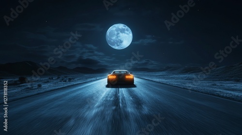 Drag racing car accelerating on a desolate road under a full moon. Featuring mystery and thrill