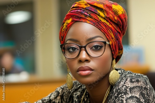 Woman in vibrant headwrap and glasses poses thoughtfully in a cozy indoor space during evening hours photo