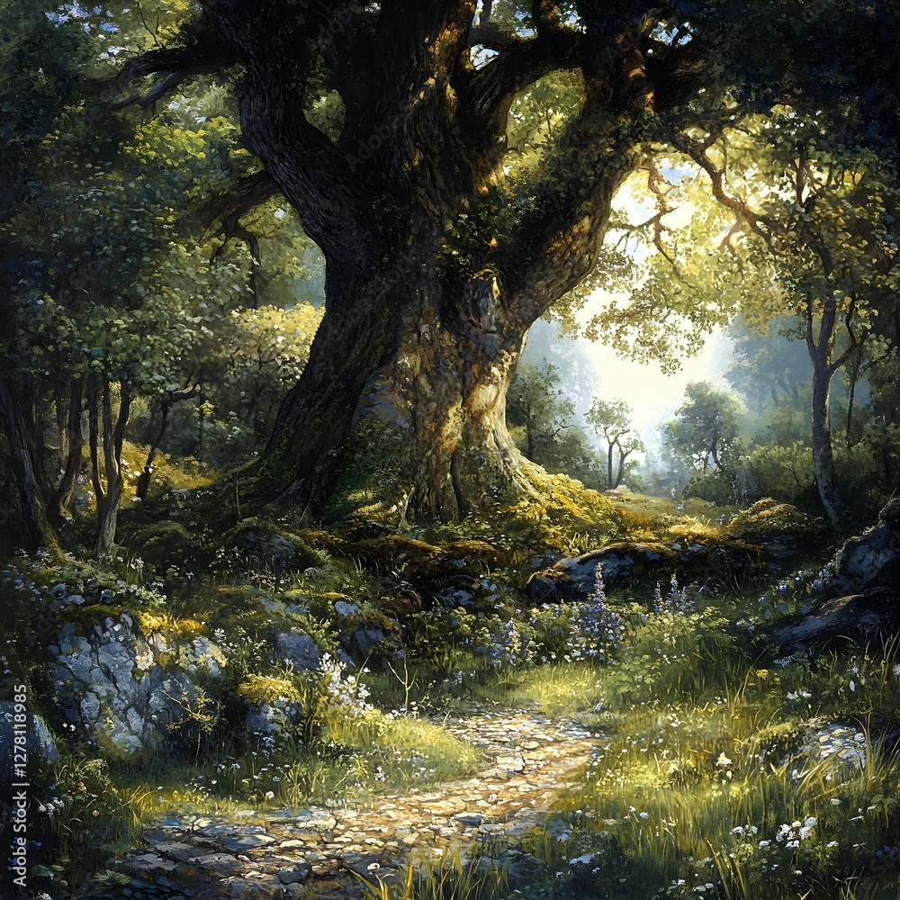 Obraz premium Forest path leads to ancient oak, sunlight filtering through leaves
