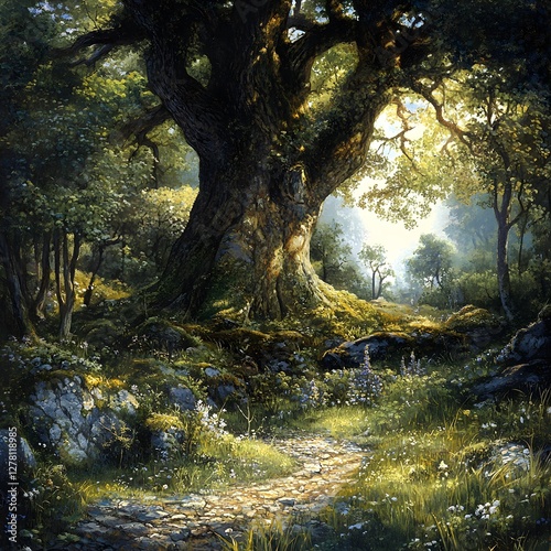 Forest path leads to ancient oak, sunlight filtering through leaves