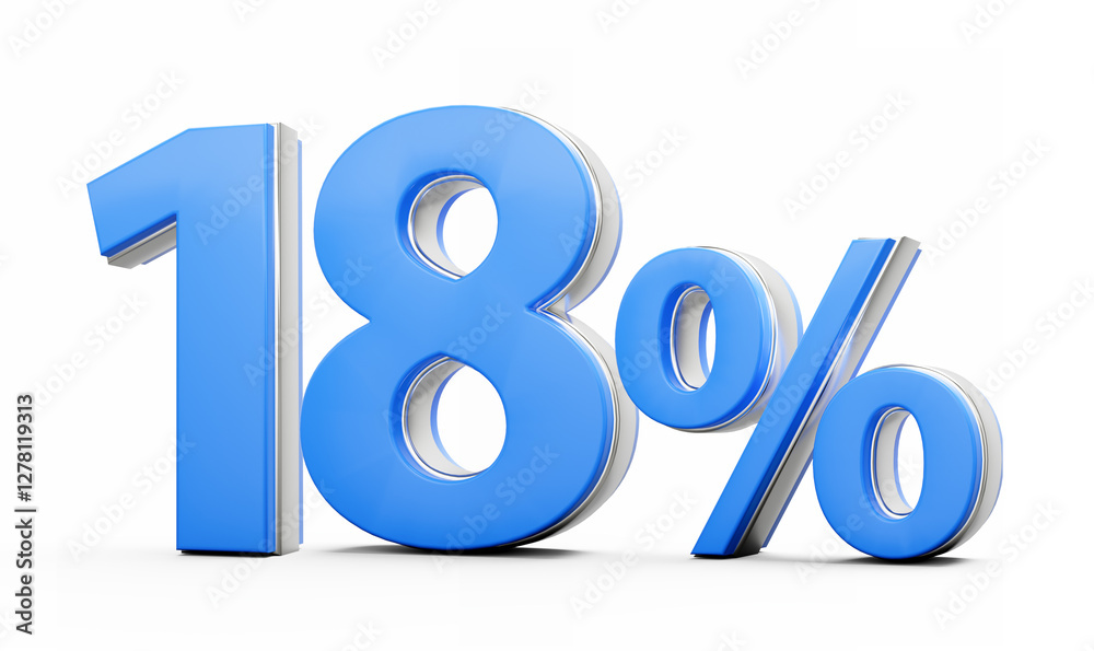 Vibrant Blue 18% Eighteen Percent Sign With Metallic Gleam On White Background 3D Illustration
