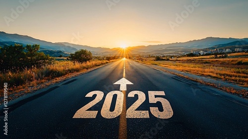 Road to 2025: golden sunset paints path to future success. Inspiring vision, direction, & new beginnings. Ideal for business planning, year-end campaigns, and goal-setting themes.