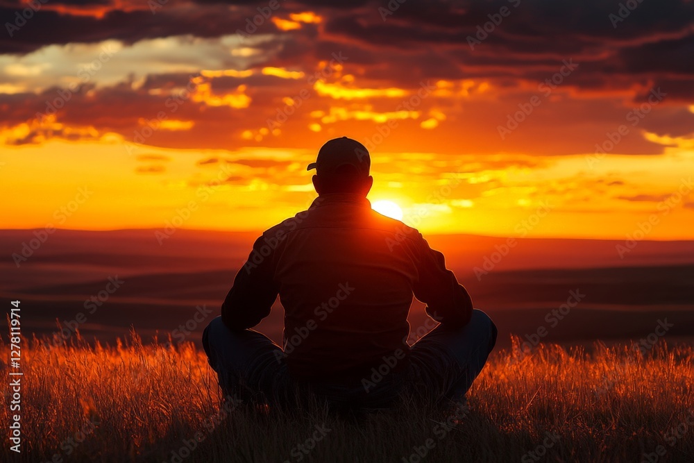 Sunset meditation on a grassy hilltop with vibrant skies in the background Sunset meditation on a grassy hilltop with vibrant skies in the background