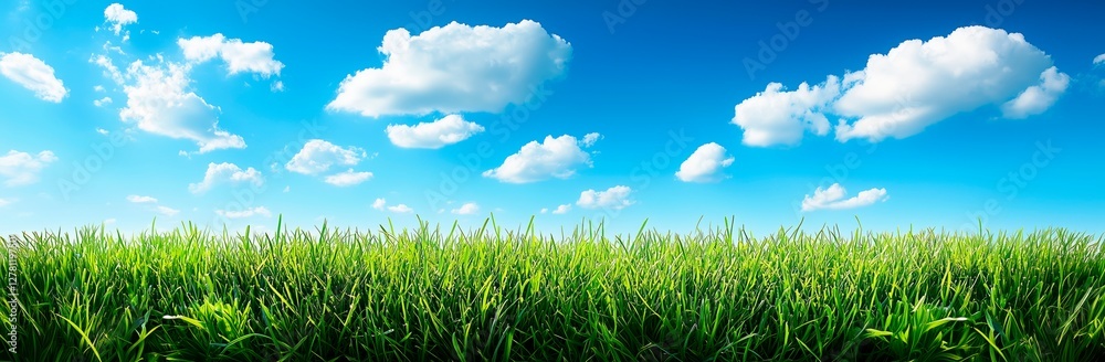 Bright springtime grassland under a sunny sky filled with fluffy white clouds