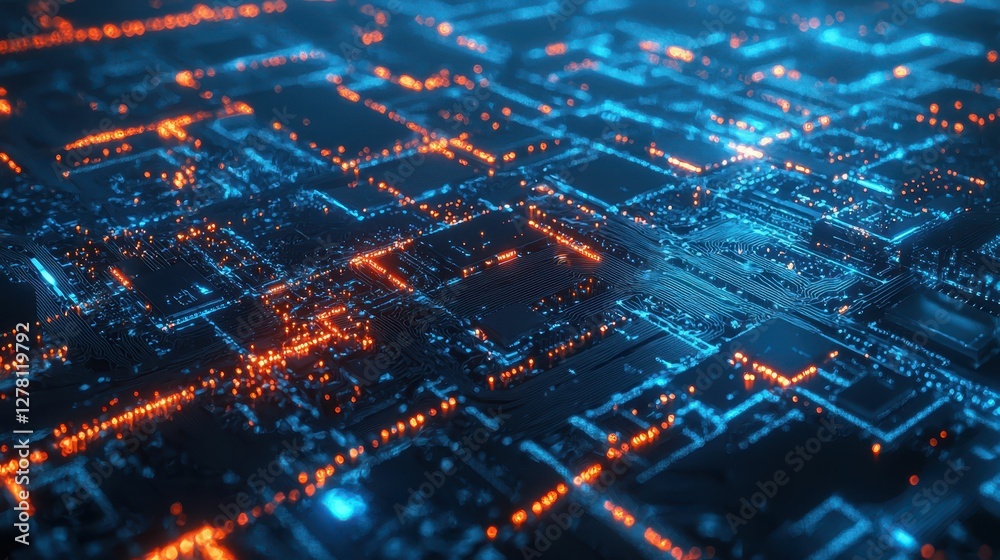 Fototapeta premium Abstract Digital Landscape with Blue and Orange Light Patterns