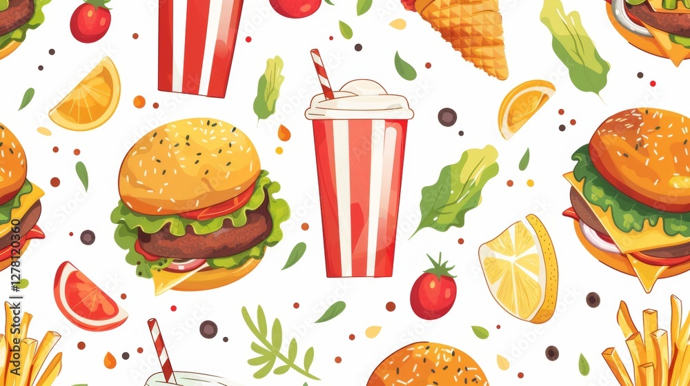 Fototapeta premium Fast Food Pattern with Burgers, Drinks, and Sides on White Background