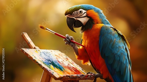 Parrot holding a paintbrush, creating