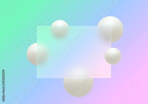 Gradient background with translucent glass partition with floating light beige spheres.