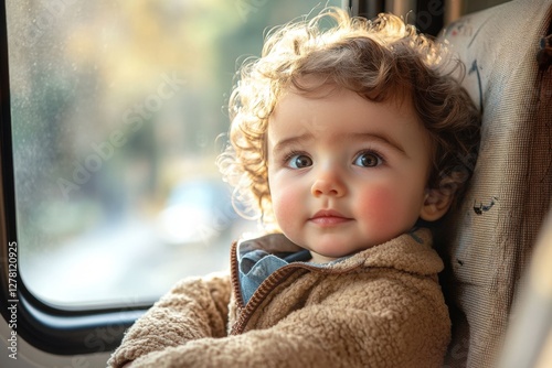 Cherubic toddler gazes out of train window during scenic journey in warm daylight