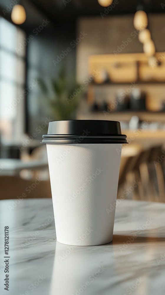A plain white disposable takeaway coffee cup with a black lid, placed on a table. Perfect for coffee shops or branding mockups isolated transparent image A plain white disposable takeaway coffee cup with a black lid, placed on a table. Perfect for coffee shops or branding mockups isolated transparent image