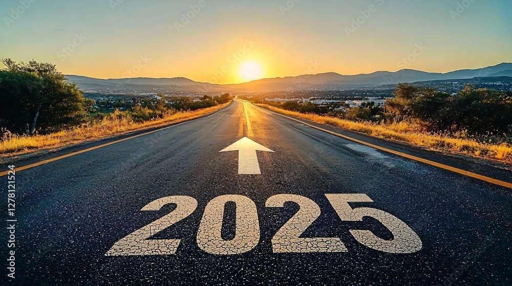 custom made wallpaper toronto digitalRoad to 2025: Plan your future success and new year goals. Golden sunset landscape with copy space for business, marketing, and vision themes.