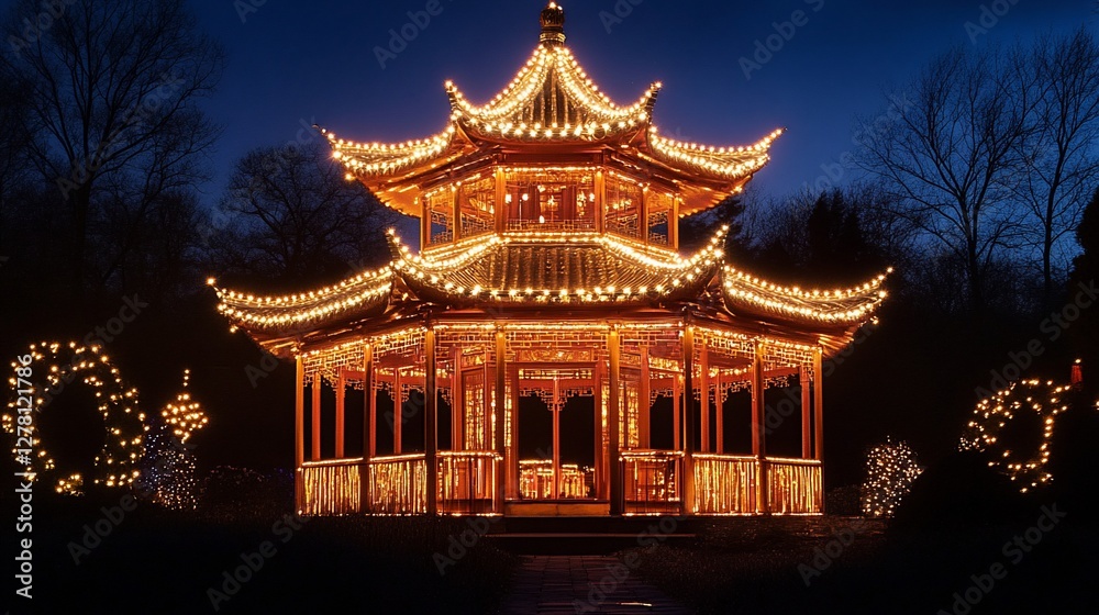 Obraz premium An illuminated Chinese-style pagoda stands majestically against a dark night sky