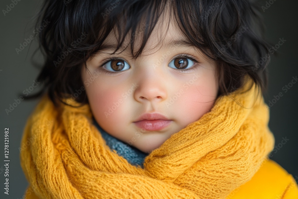 Young child with dark curly hair wearing a cozy yellow scarf in a warm indoor setting Young child with dark curly hair wearing a cozy yellow scarf in a warm indoor setting