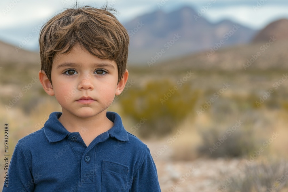 Young boy standing in desert landscape with mountains in background showcasing calm expression and natural beauty Young boy standing in desert landscape with mountains in background showcasing calm expression and natural beauty