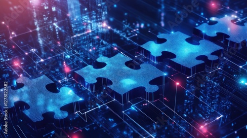 Futuristic puzzle pieces connecting in a digital landscape with glowing lights and data streams