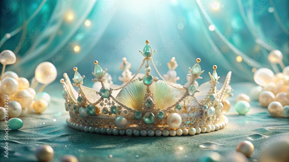 An Elegant Ocean-Inspired Diadem Adorned with Pearls and Shells Rests on a Shimmering Surface An Elegant Ocean-Inspired Diadem Adorned with Pearls and Shells Rests on a Shimmering Surface