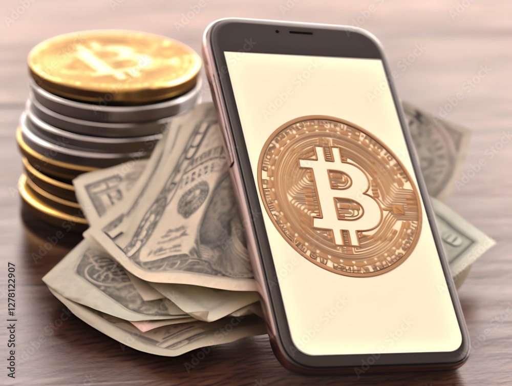 Bitcoin on phone, USD cash, stack of coins Bitcoin on phone, USD cash, stack of coins