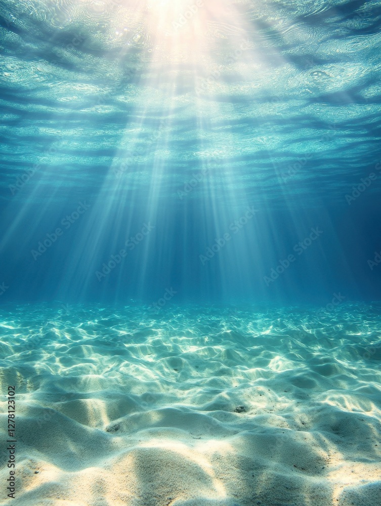 Serene underwater scene with sunbeams piercing through turquoise water illuminating sandy seabed creating a tranquil and peaceful atmosphere for stock photography Serene underwater scene with sunbeams piercing through turquoise water illuminating sandy seabed creating a tranquil and peaceful atmosphere for stock photography