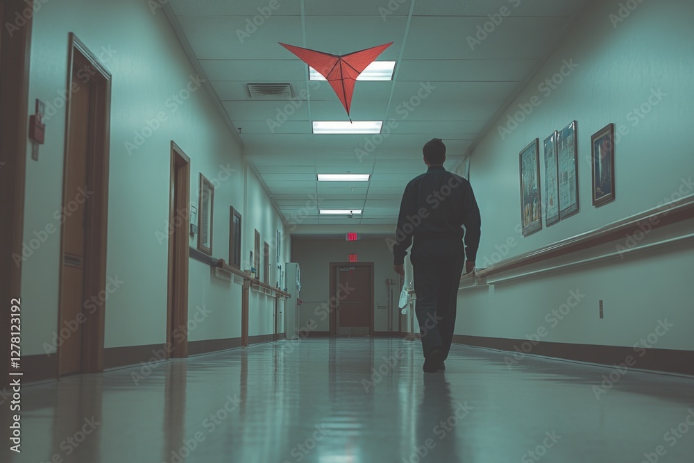 Fototapeta premium Man walks down hospital corridor with red kite hanging from ceiling in quiet environment during daytime