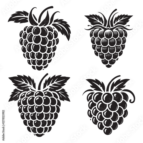 High-Quality Raspberry Fruit Vector Illustrations Black Silhouette Isolated on White Background