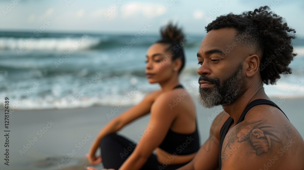 Fototapeta premium Black man and black woman practicing mindfulness meditation by the sea shore on a calm day, focusing on relaxation and connection with nature
