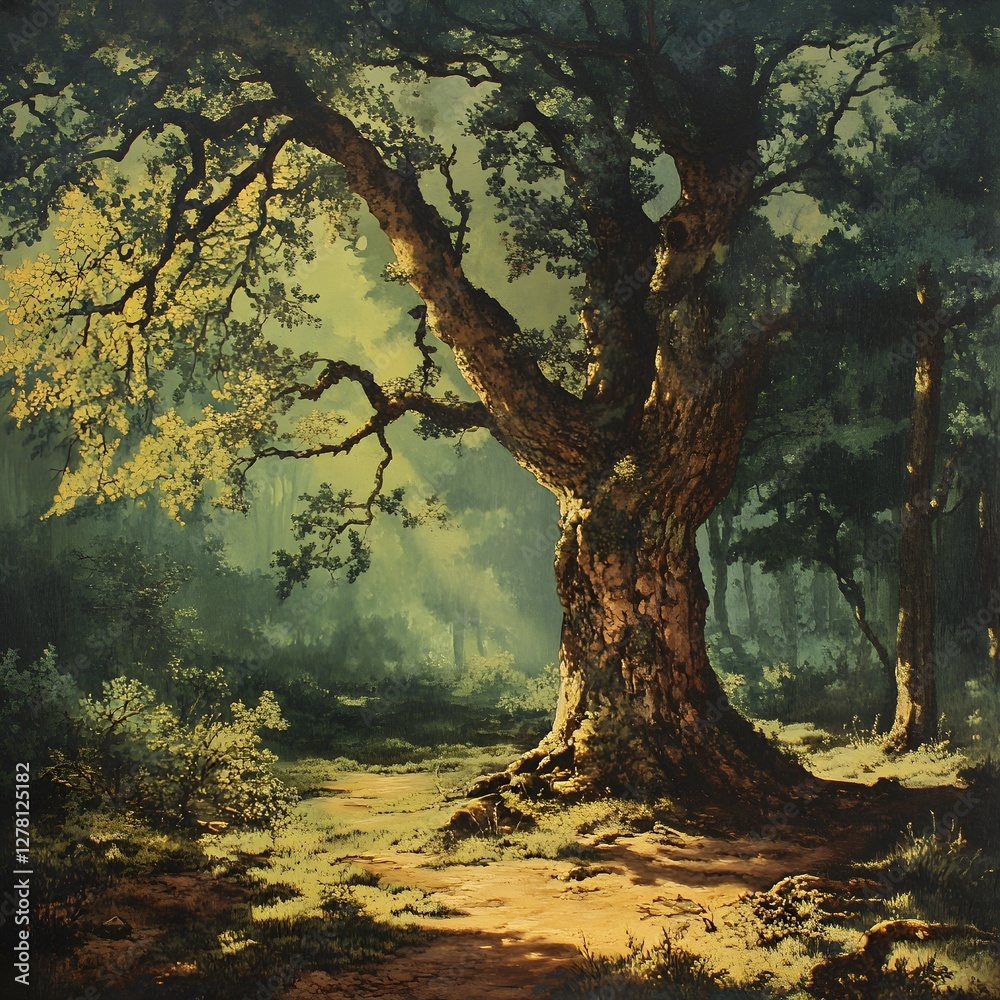 Fototapeta premium Majestic oak tree in sunlit forest, path, nature scene, tranquil background, perfect for nature posters