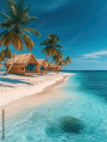 Tropical Paradise Beachfront Bungalows with Palm Trees and Turquoise Water on a Sunny Day Vacation Getaway