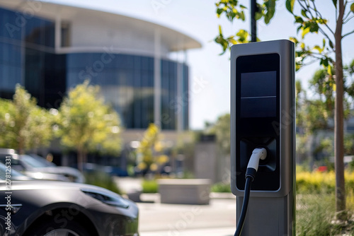 Electric vehicle charging station with modern building in background during sunny day