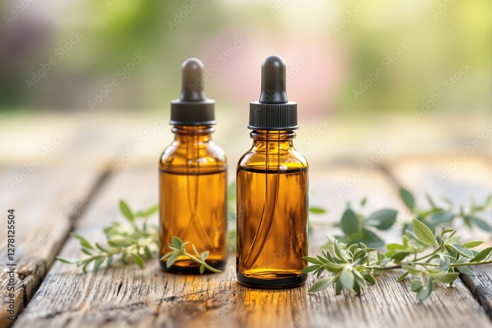 Amber glass dropper bottles on a rustic wooden surface with green leaves.