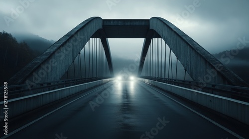 Drag racing car accelerating on an empty  fog-covered bridge. Featuring speed and mystery