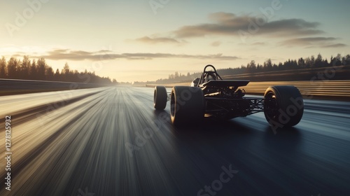 Drag racing car accelerating on an empty highway at dawn. Featuring freedom and speed