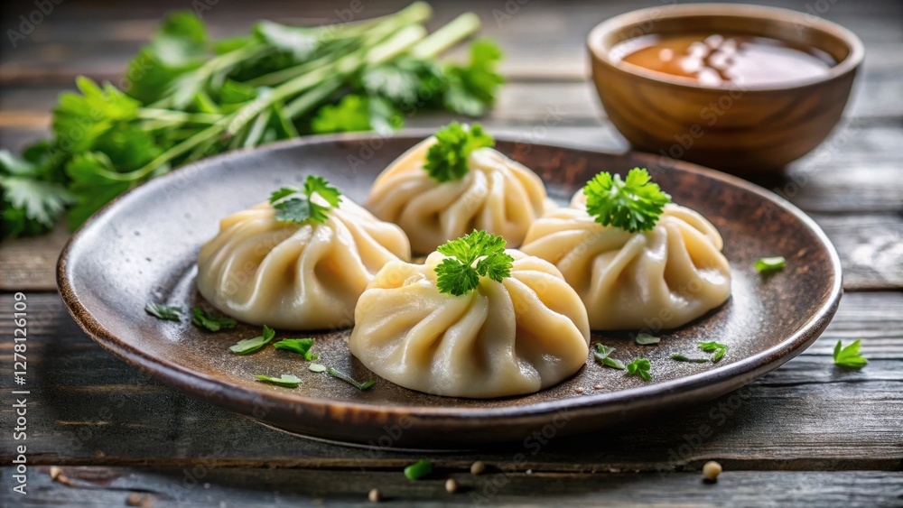 A delectable plate of savory steamed dumplings, artfully garnished with fresh herbs, served alongside a flavorful dipping sauce on a rustic wooden table. A delectable plate of savory steamed dumplings, artfully garnished with fresh herbs, served alongside a flavorful dipping sauce on a rustic wooden table.