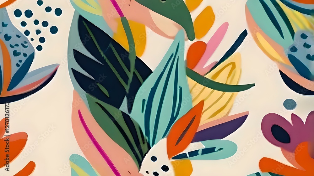 Fototapeta premium Modern Exotic Jungle Pattern with Floral and Hand-Drawn Cartoon Elements in Contemporary Style