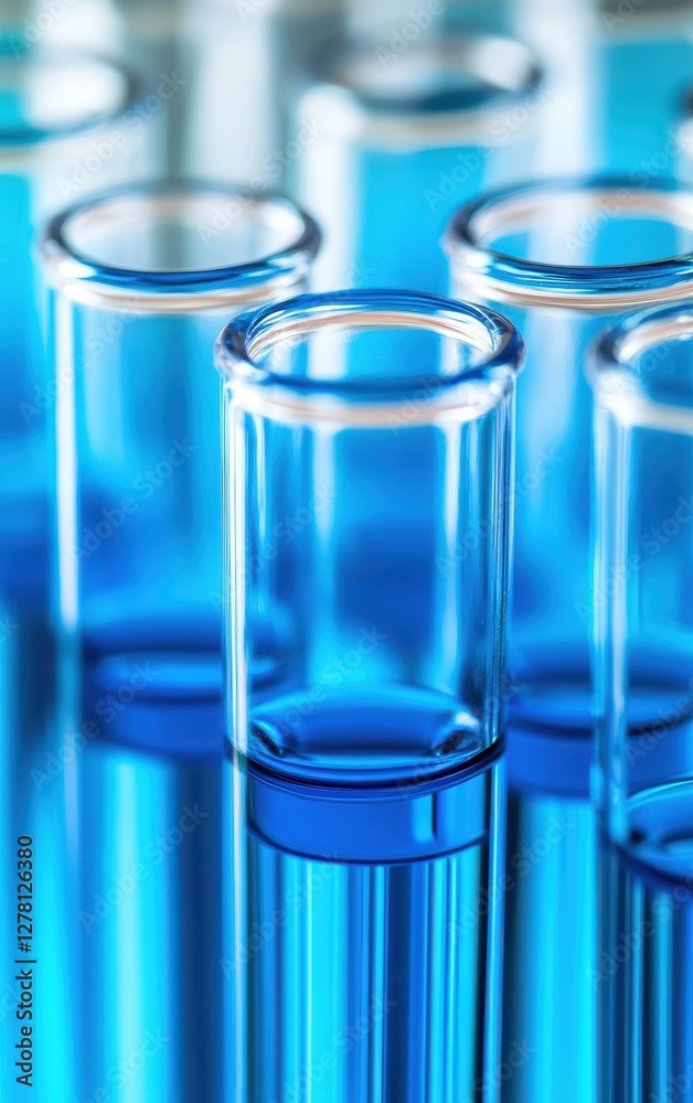 Photograph of test tubes filled with vibrant blue liquid, showcasing scientific experimentation and innovation. Photograph of test tubes filled with vibrant blue liquid, showcasing scientific experimentation and innovation.