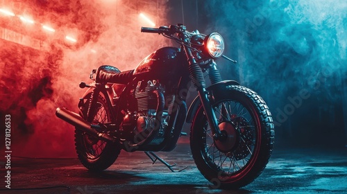 Classic motorcycle in a dramatic neon light setting with smoke
