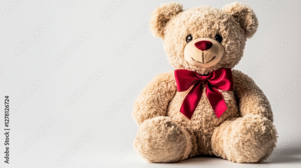 Adorable Beige Teddy Bear with Red Bow on White Background Adorable Beige Teddy Bear with Red Bow on White Background