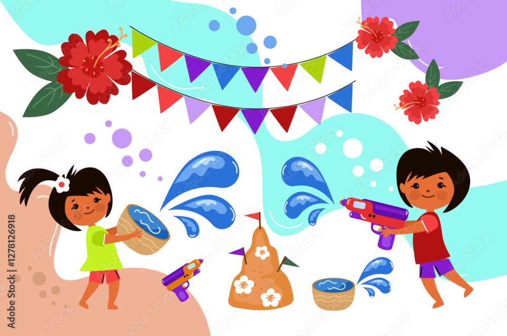 Naklejka premium png set Songkran festival in Thailand. Thai New Year Holidays. Children Playing Water. Vector cartoon flat Illustration isolated on transparent background