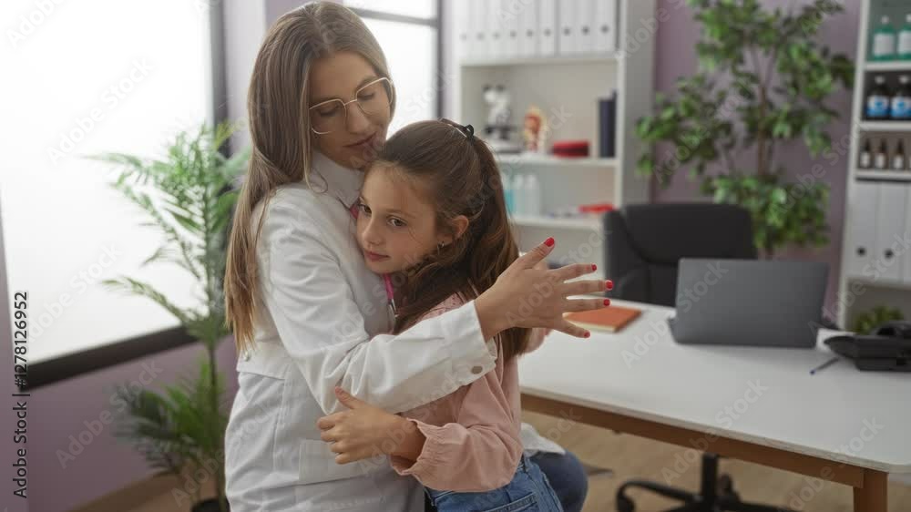 Doctor woman comforting girl patient in clinic room, showing a caring connection in a professional indoor environment, highlighting pediatric healthcare and childhood support. Doctor woman comforting girl patient in clinic room, showing a caring connection in a professional indoor environment, highlighting pediatric healthcare and childhood support.